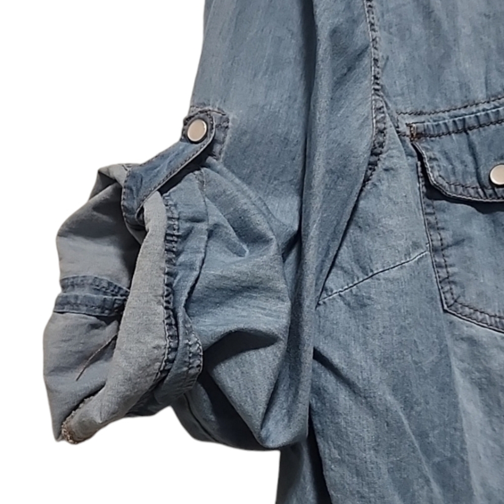 Tie Front Cropped Denim Western Shirt XL Pearl Snap Cowgirl Lightweight Festival - Picture 8 of 10